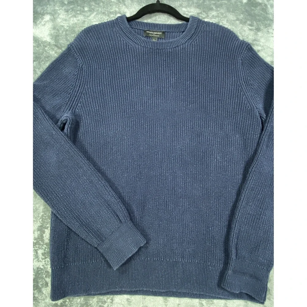 Banana Republic Sweater Men Large Blue Cotton Linen Blend‎ Chunky Knit Pullover